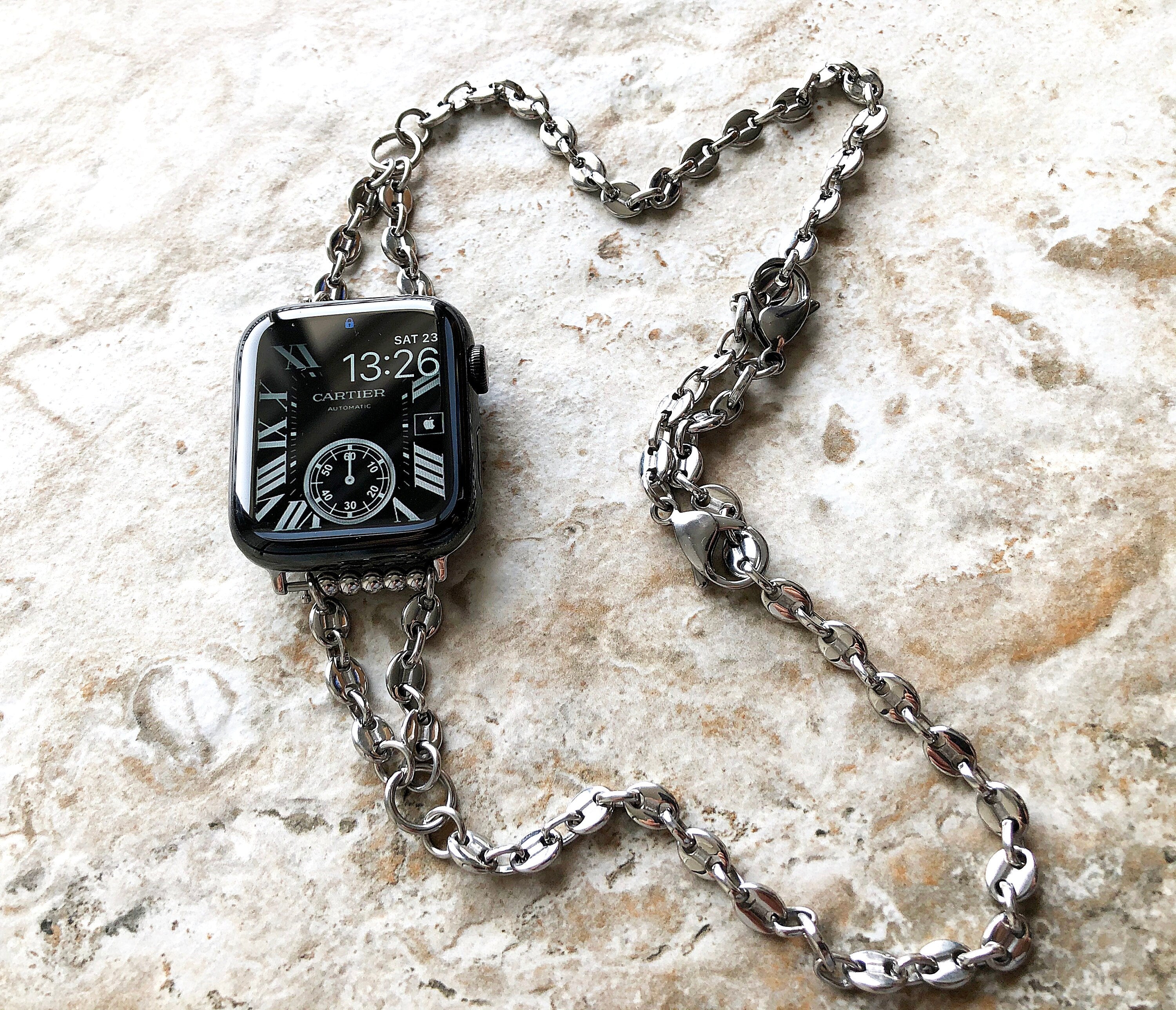 Apple Watch Band Bracelet for iWatch Ultra 2 and 9 8 Series 41mm 45mm 49mm Case Coffee Bean 5mm Chain Links Silver Stainless Steel Strap